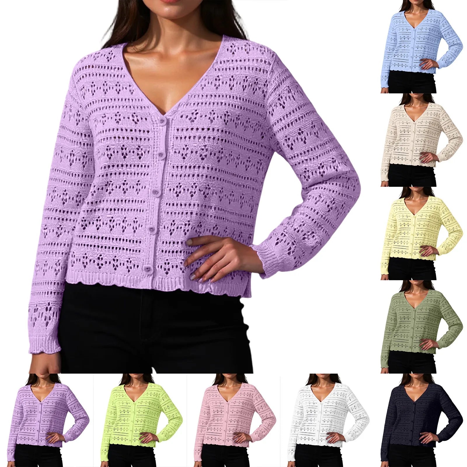 Women Fashion V-neck Knitted Cardigan Spring Autumn Versatile Solid Color Hollow Out Top Ladies Loose Long Sleeved Cardigan Tops