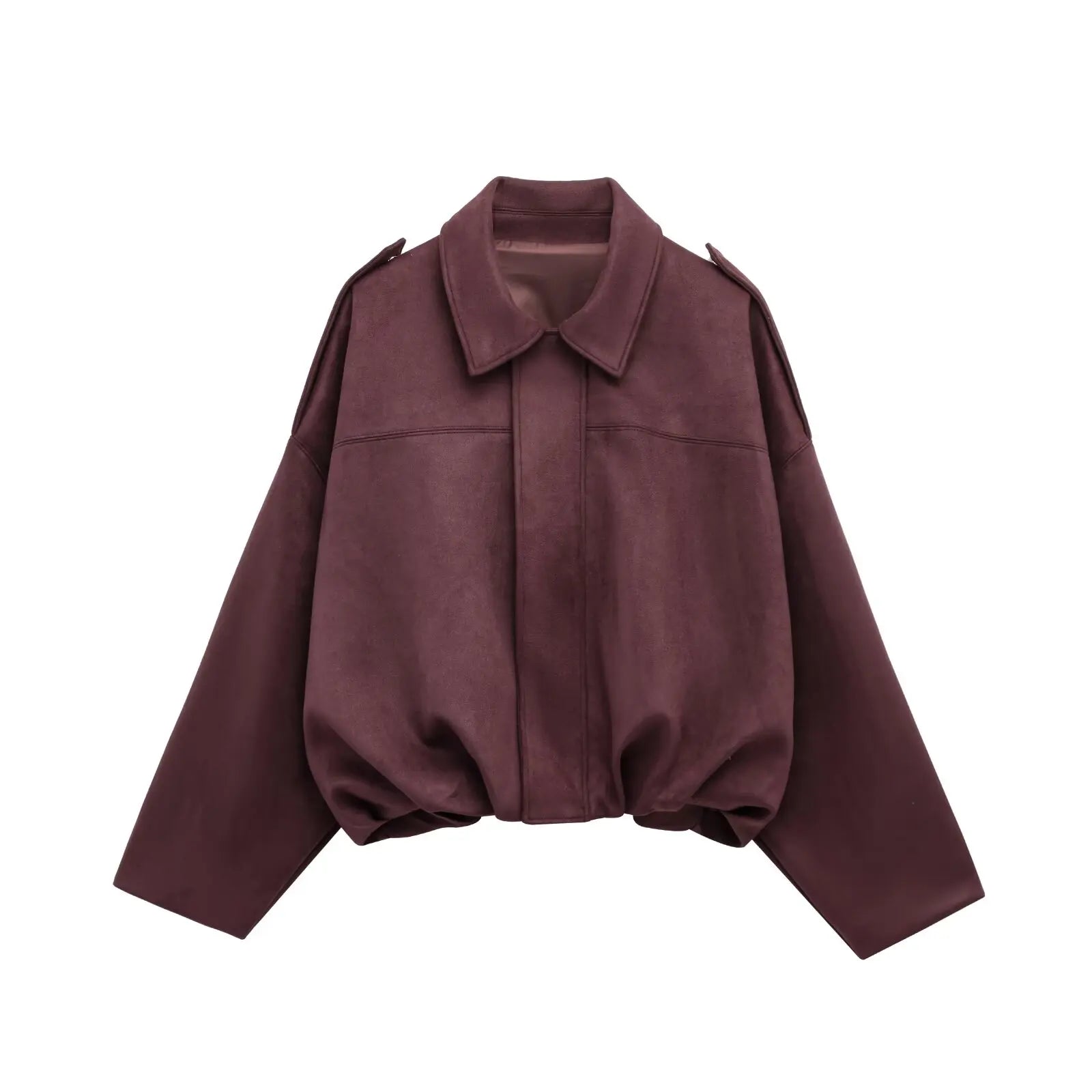 2025 Women Faux Suede Collared Jacket with Shoulder Straps Loose Fit Stylish Olive Green for Sale on
