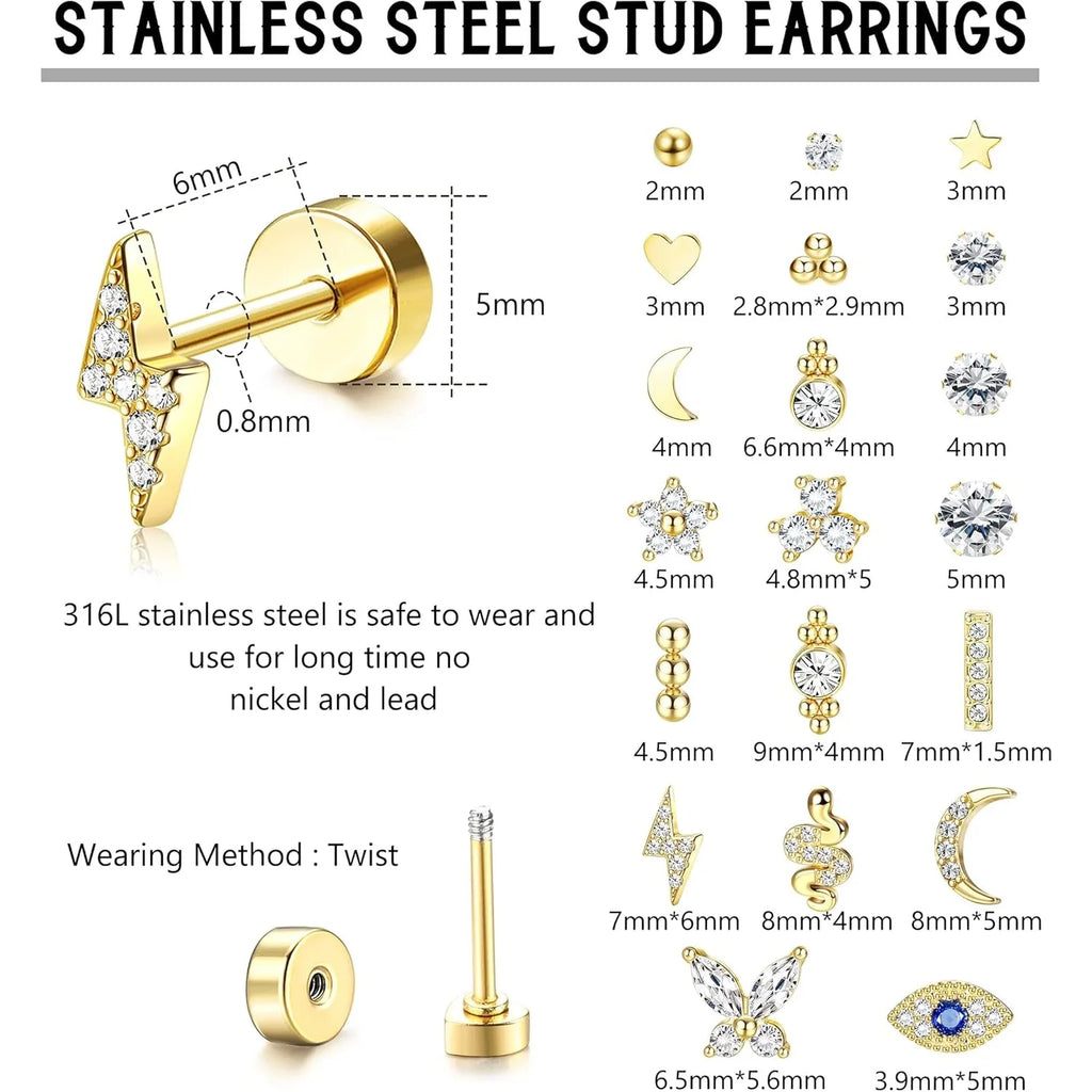 Bobisty 20PCS 20G Small Hypoallergenic Flat Back Stud Earrings Surgical Steel Cartilage Earrings Tiny Ball Heart Star Studs Set