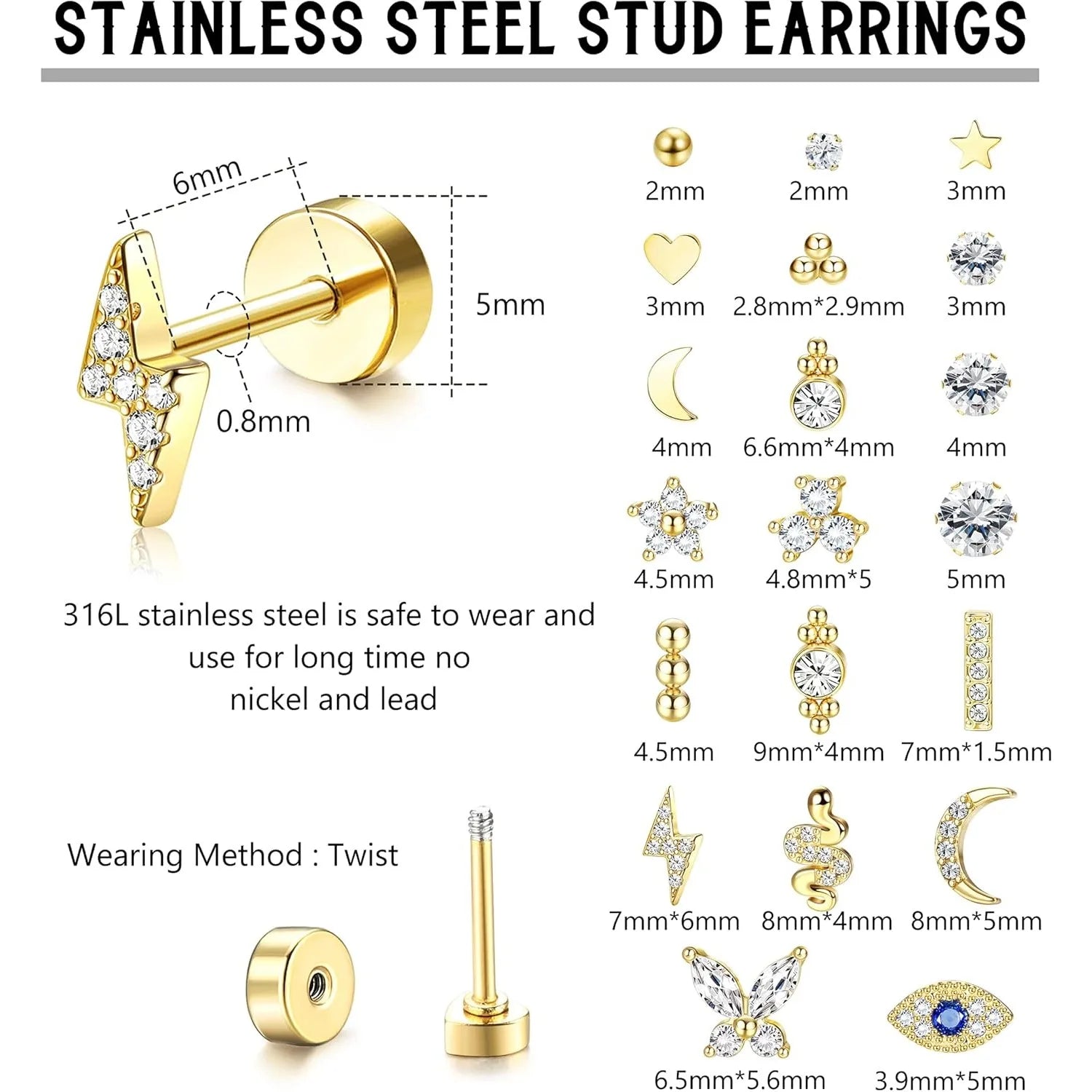 Bobisty 20PCS 20G Small Hypoallergenic Flat Back Stud Earrings Surgical Steel Cartilage Earrings Tiny Ball Heart Star Studs Set