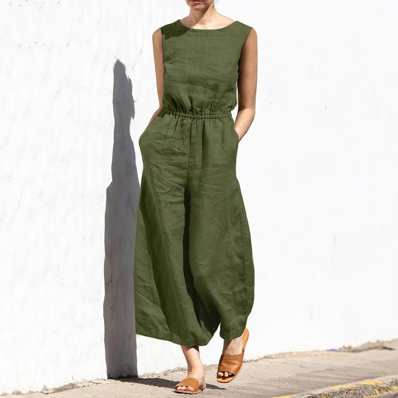 Women Fashion Wide Leg Pant Jumpsuit Summer Casual Solid O- Neck Sleeveless Pocket Playsuit Ladies Loose Boho One-Piece Pants