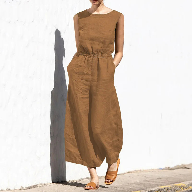 Women Fashion Wide Leg Pant Jumpsuit Summer Casual Solid O- Neck Sleeveless Pocket Playsuit Ladies Loose Boho One-Piece Pants