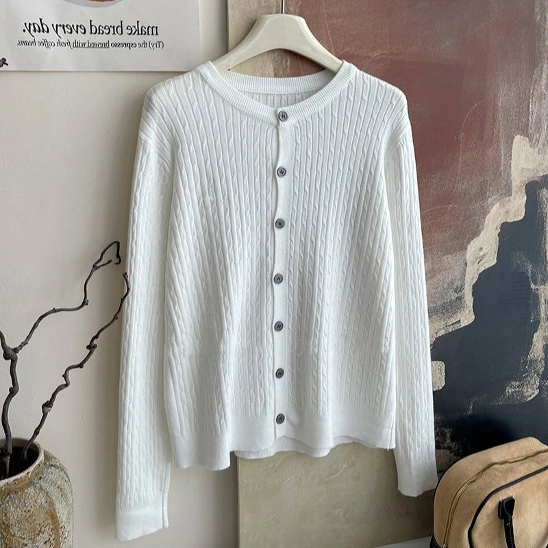 2025 Pure Color Long Sleeve Single Breasted Knitted Sweater Autumn Winter Women's Crew Neck Cardigan New Casual Versatile Tops