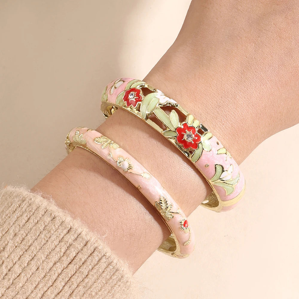 FTCY 2 PCS Enameled Bracelets For Women Vintage Hollowed Small Flower Cloisonne Women's Bangles Party Jewelry Gifts