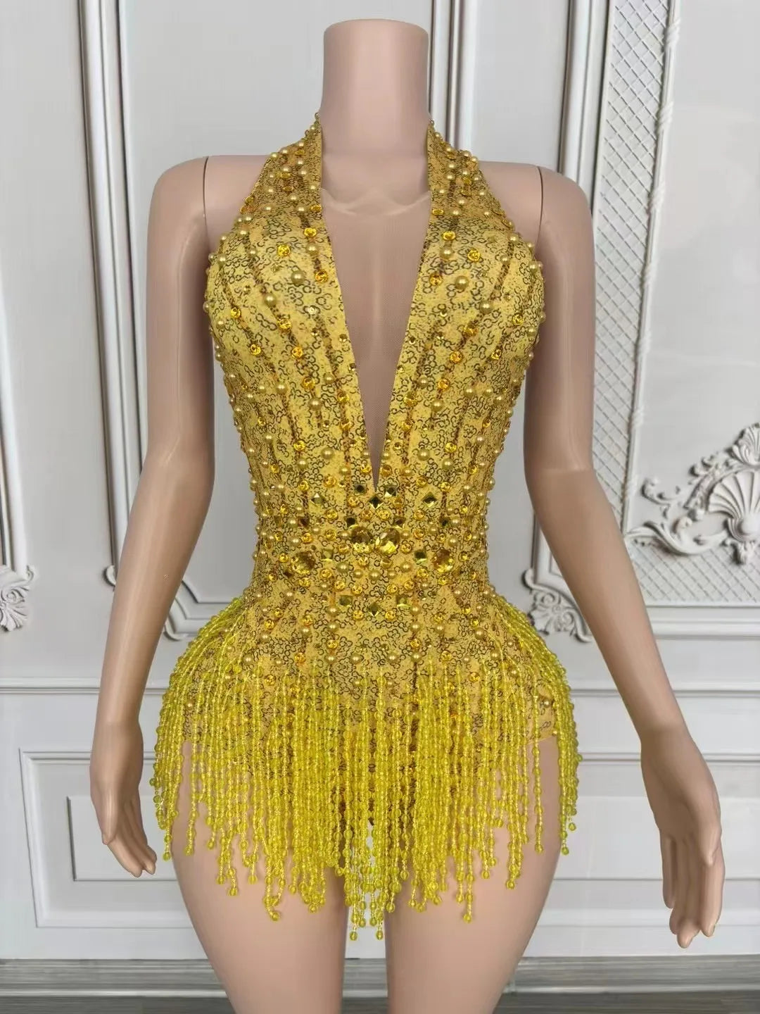 European and American Sexy Deep V Pink Tassel Jumpsuit Gogo Female Singer Stage Collar Dance Costume Car Show Model Performance
