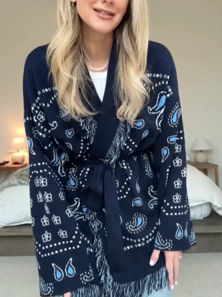 Tassel Patchwork Printed Cardigan Women Geometric Patterns Belts V-neck Long Sleeve Knitted Street Lady Sweater 2025 Autumn Coat