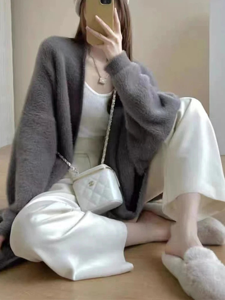 FSMG Elegant Solid Long Pure Imitation Mink Fleece Cardigans Women Knee Length Knitted Cashmere Sweater High Street Warm Coat