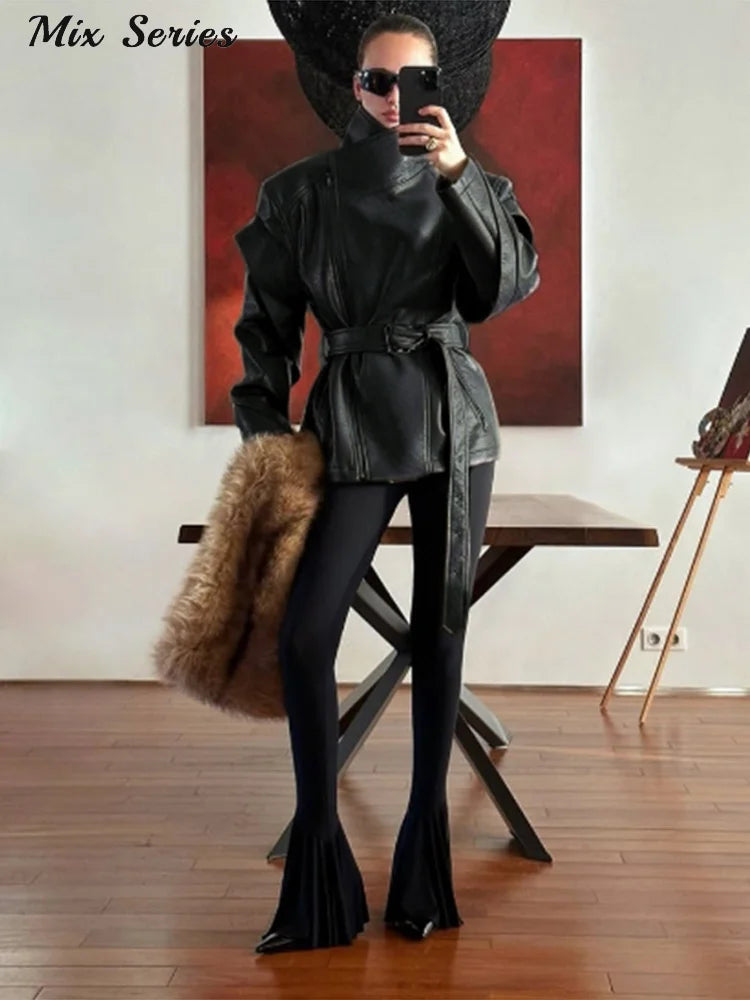 Fashion Solid Leather Jacket Women's Turtleneck Side Zipper Long Sleeve Belted Coat 2025 Autumn New Lady High Street Outerwear