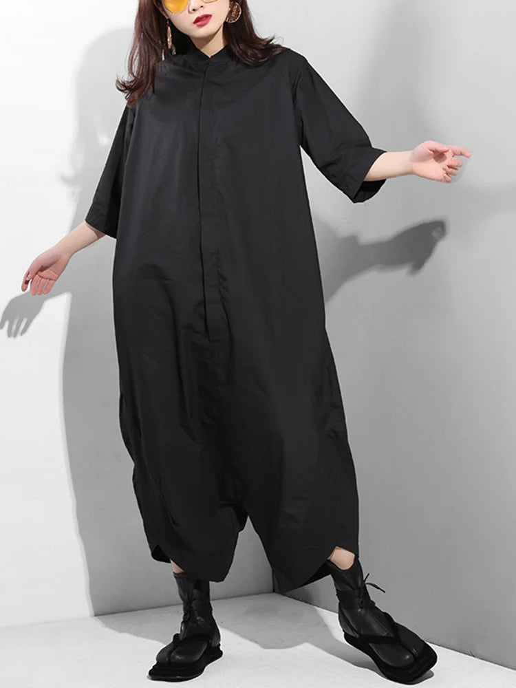 [EAM] Loose Fit Women Black Wide Leg Long Jumpsuit New High Waist Pocket Stitch Pants Fashion Tide Spring Autumn 2025 YA11601