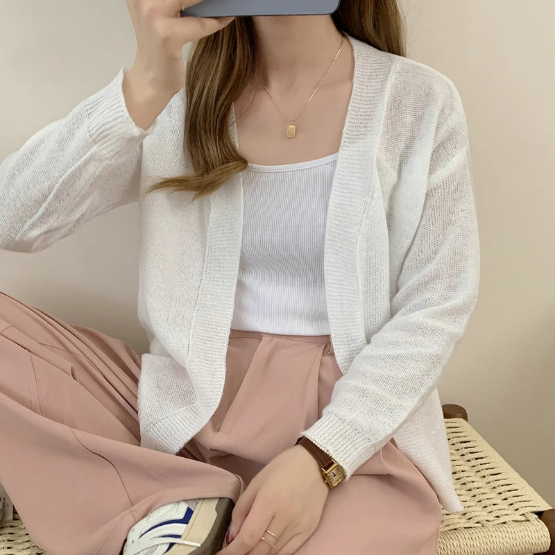 2025 Korean Style Women Long Sleeve Elegant Cardigan Sweater Autumn Solid Color Knitted Top Casual Knitwear