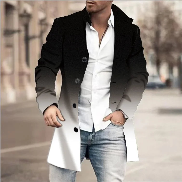 Autumn Winter Retro Print Woolen Coat Men Casual Single Breasted Lapel Long Sleeve Coat Men Fashion Loose Pocket Mid Long Jacket