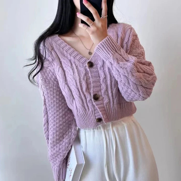 Cable Knit Crop Cardigan Sweater for Women Long Sleeve Button-up Boxy-fit Crop Sweater Jacket Teen-girl Fall Winter Y2K Outfit