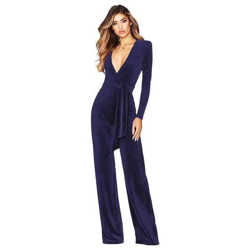 HLJ Elegant Women Velvet Jumpsuits Sexy Deep V Neck One Piece Outfit  Sashes Belted Wide Legs Long Pants Jumpsuit Party Clubwear