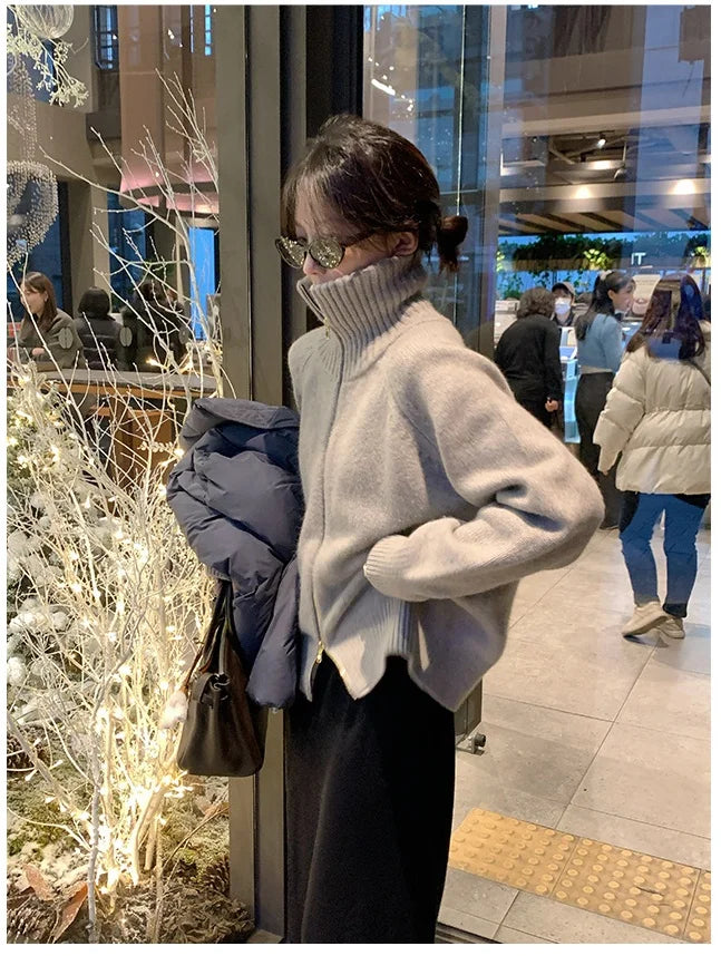 Autumn and winter new zipper cashmere sweater women cardigan lapel sweater coat lazy wind loose.