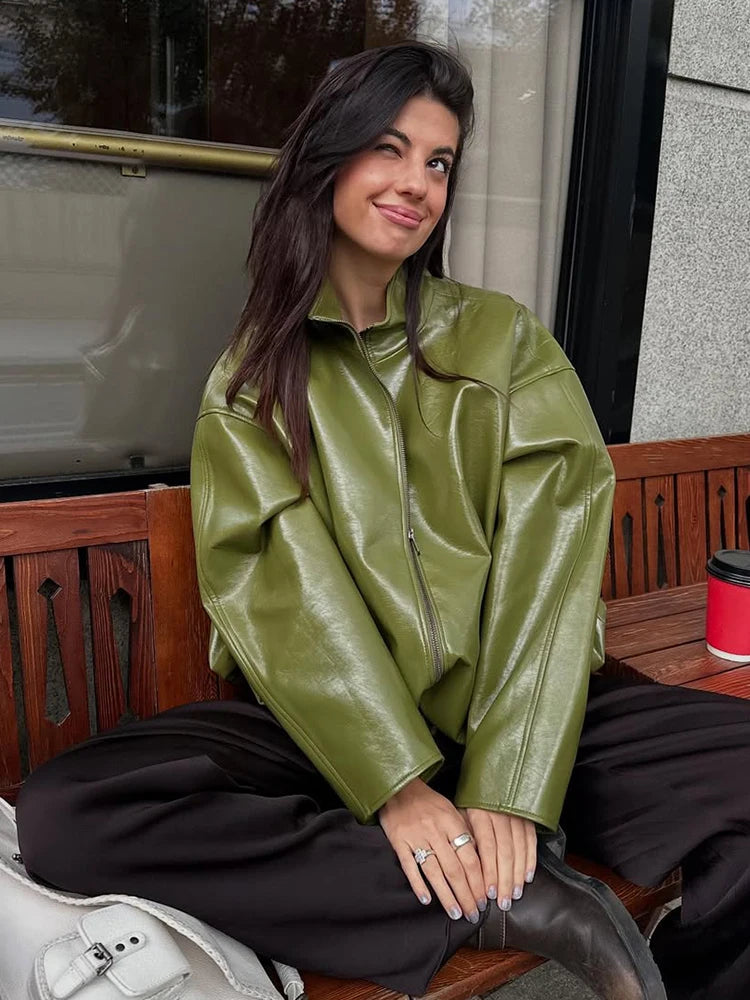 Green Patchwork Leather Short Jacket Women Casual Stand Collar Long Sleeve Loose Mini Coat 2025 Lady Autumn Daily Street Coats