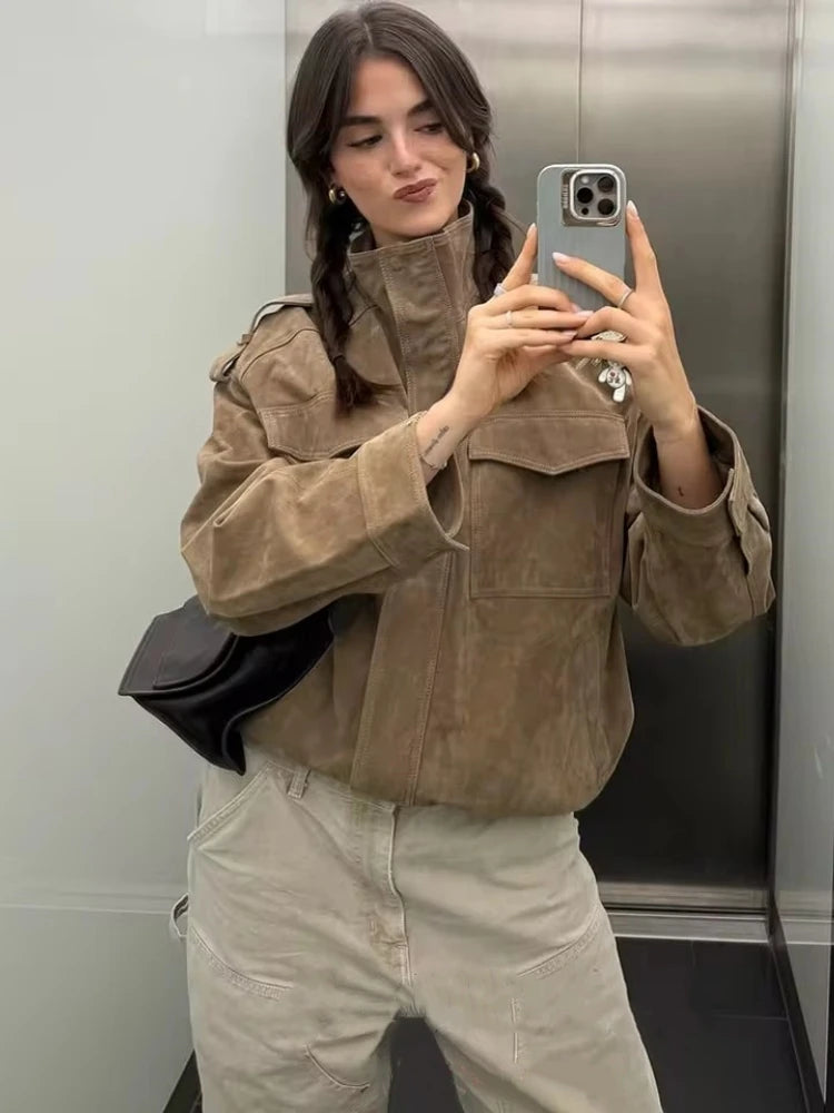 Winter Khaki Suede Leather Women's Jacket Fashion Stand Collar Zippers Pockets Women Coat 2025 Autumn New Female Vintage Outwear