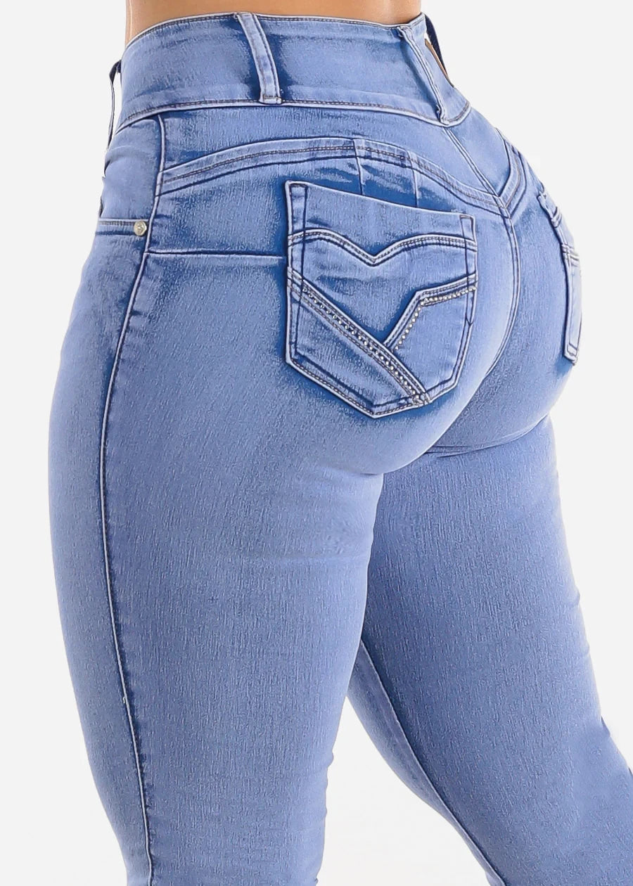 Fashion wash light blue high waist front button women's stretch slim butt lift tight feet casual jeans