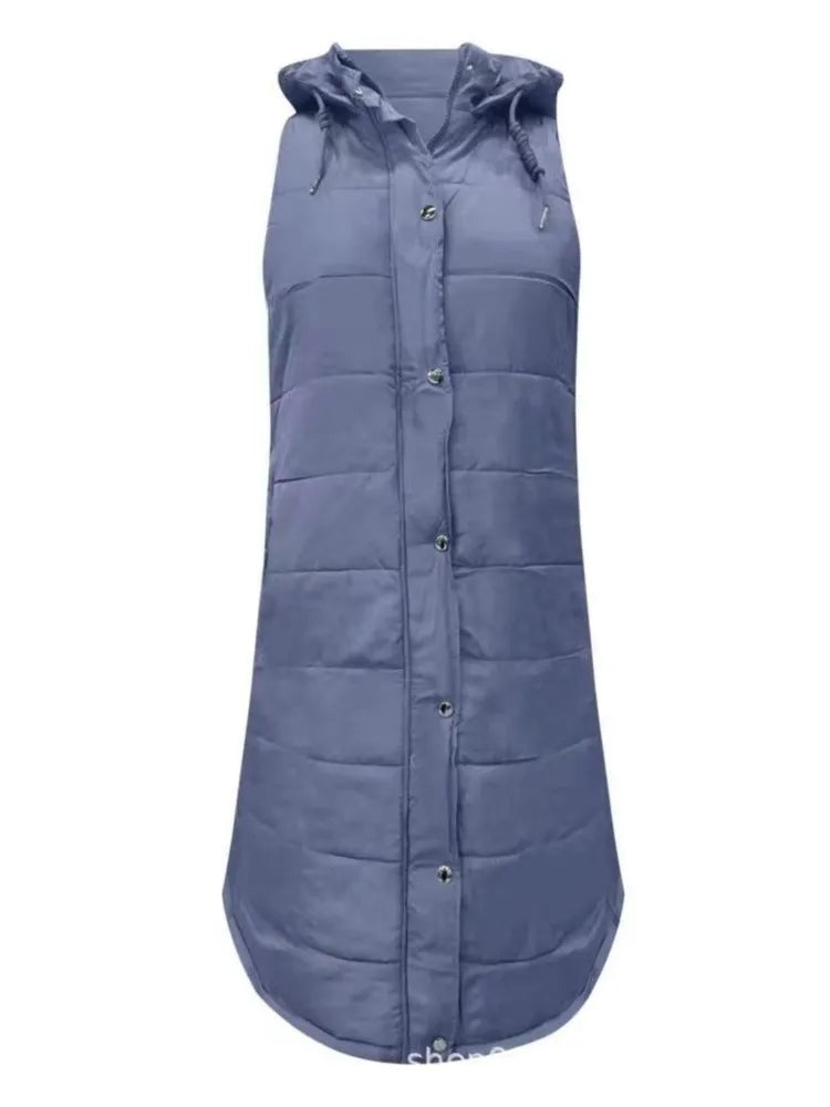Casual Vest Hooded Single Breasted Mid-length Cotton Padded Jacket Winter Fashion Button Zipper Fitted Cardigan Female Vest Coat