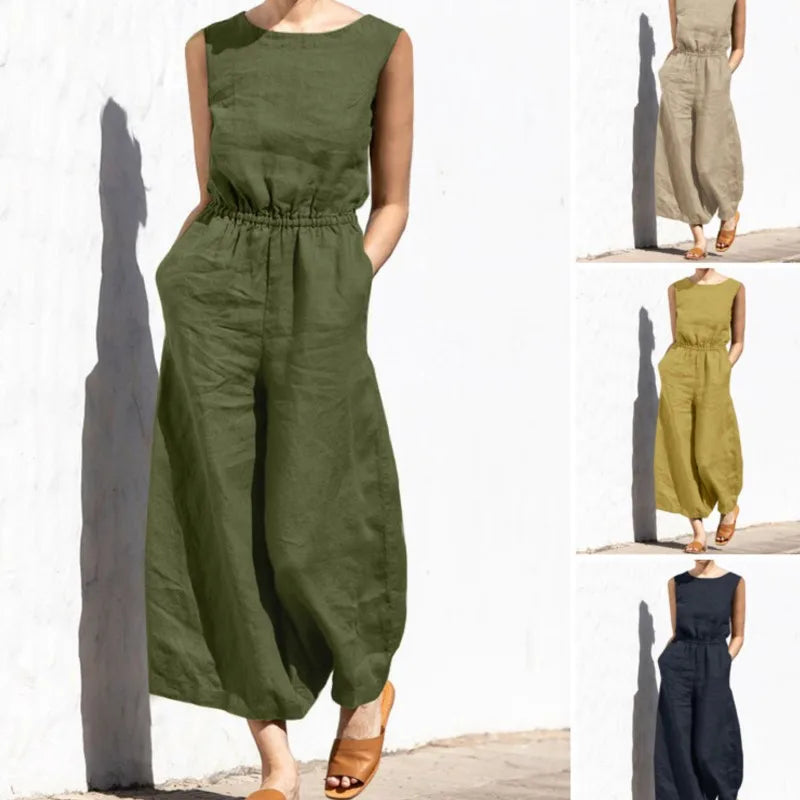 Women Fashion Wide Leg Pant Jumpsuit Summer Casual Solid O- Neck Sleeveless Pocket Playsuit Ladies Loose Boho One-Piece Pants
