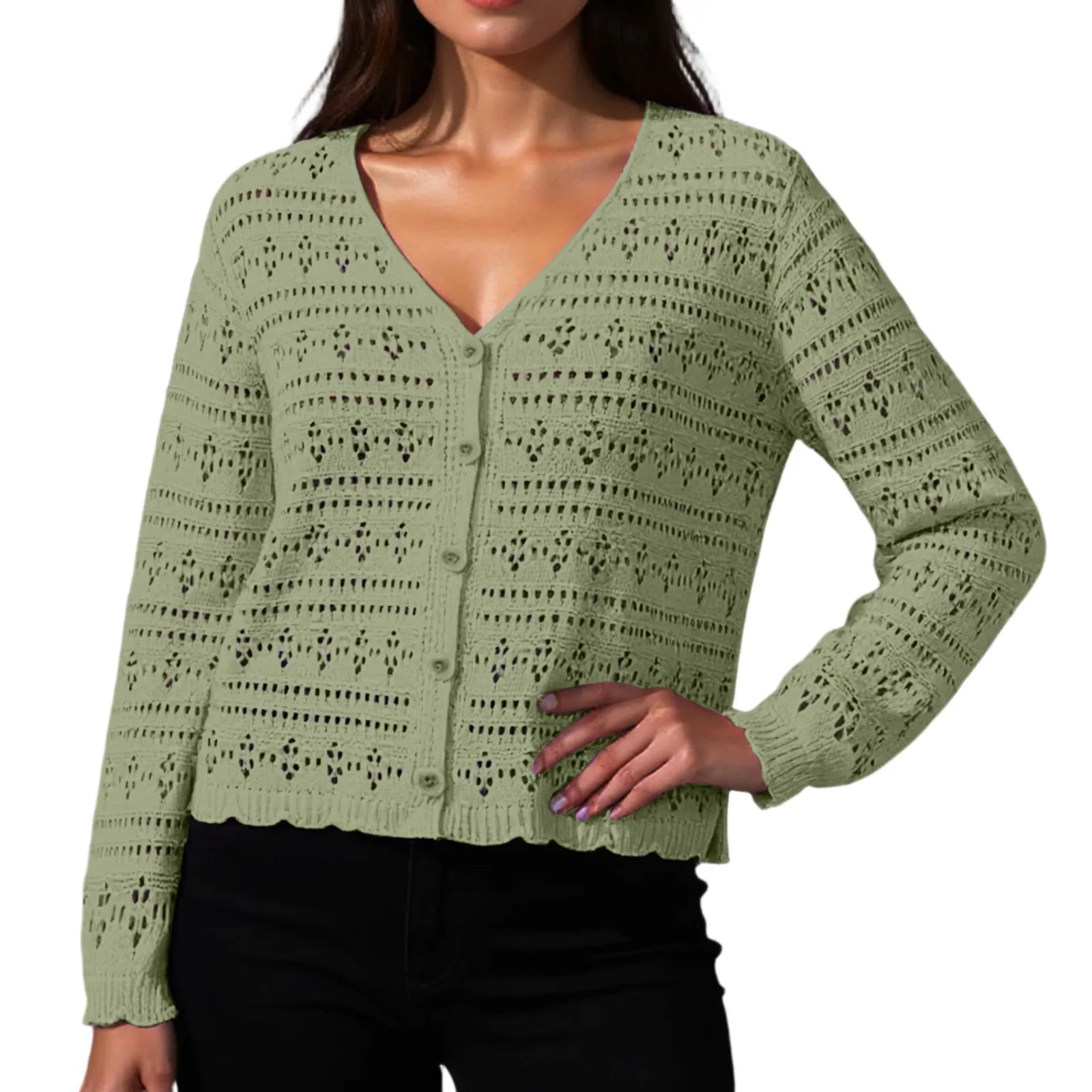 Women Fashion V-neck Knitted Cardigan Spring Autumn Versatile Solid Color Hollow Out Top Ladies Loose Long Sleeved Cardigan Tops