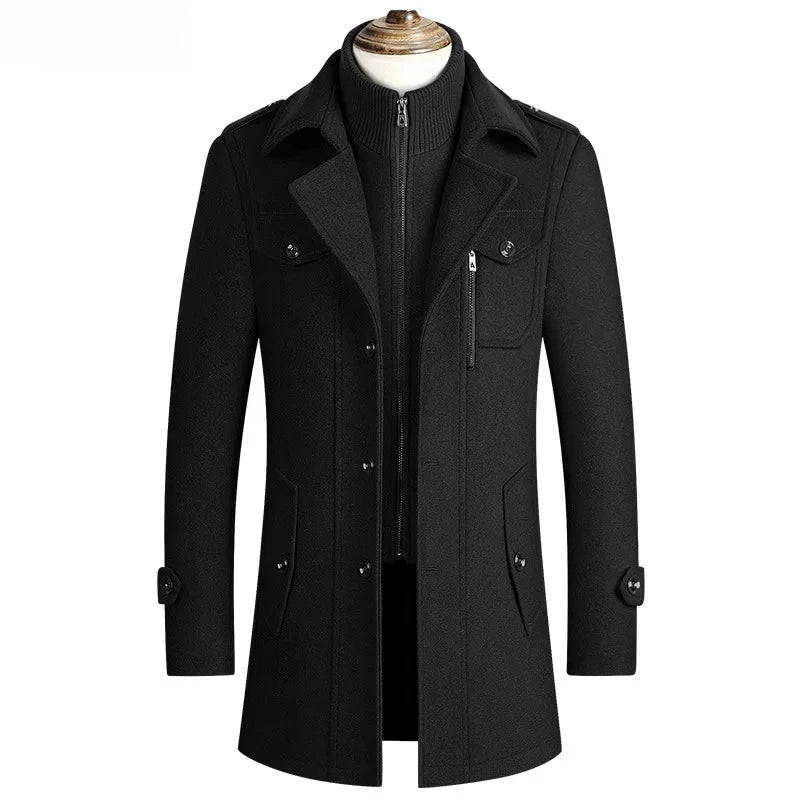 2025 new winter men's woolen coat, men's brand jacket, middle-aged double-shoulder long woolen windbreaker coat in European size