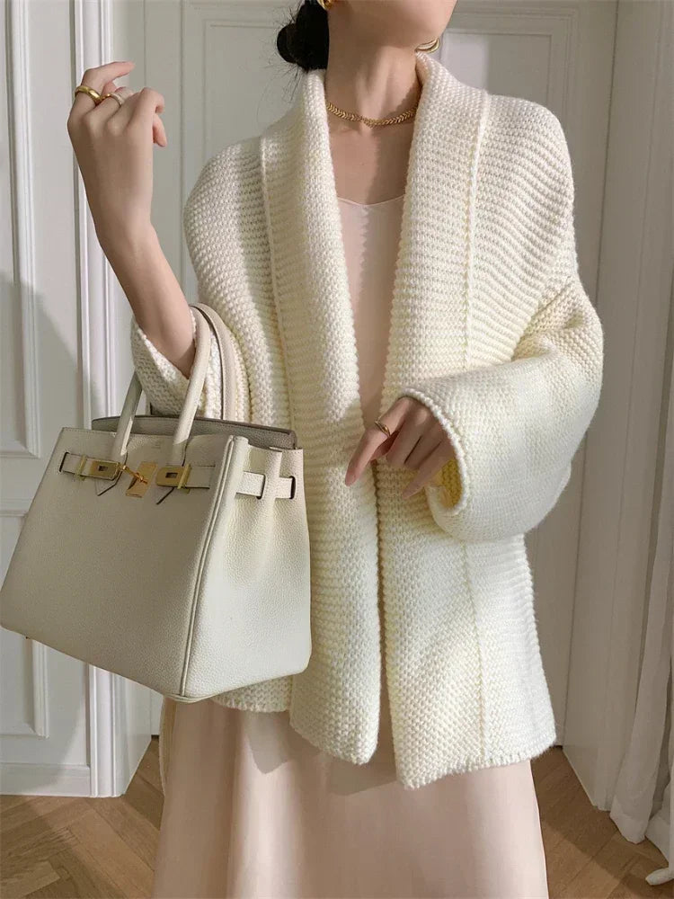 Women's Knitted Lace-Up Belt Cardigan Nightgown Loose Fit Thick White Autumn Winter Sweater Outerwear Fashionable