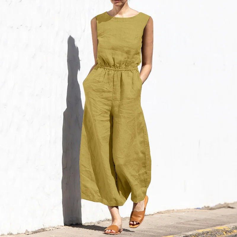 Women Fashion Wide Leg Pant Jumpsuit Summer Casual Solid O- Neck Sleeveless Pocket Playsuit Ladies Loose Boho One-Piece Pants
