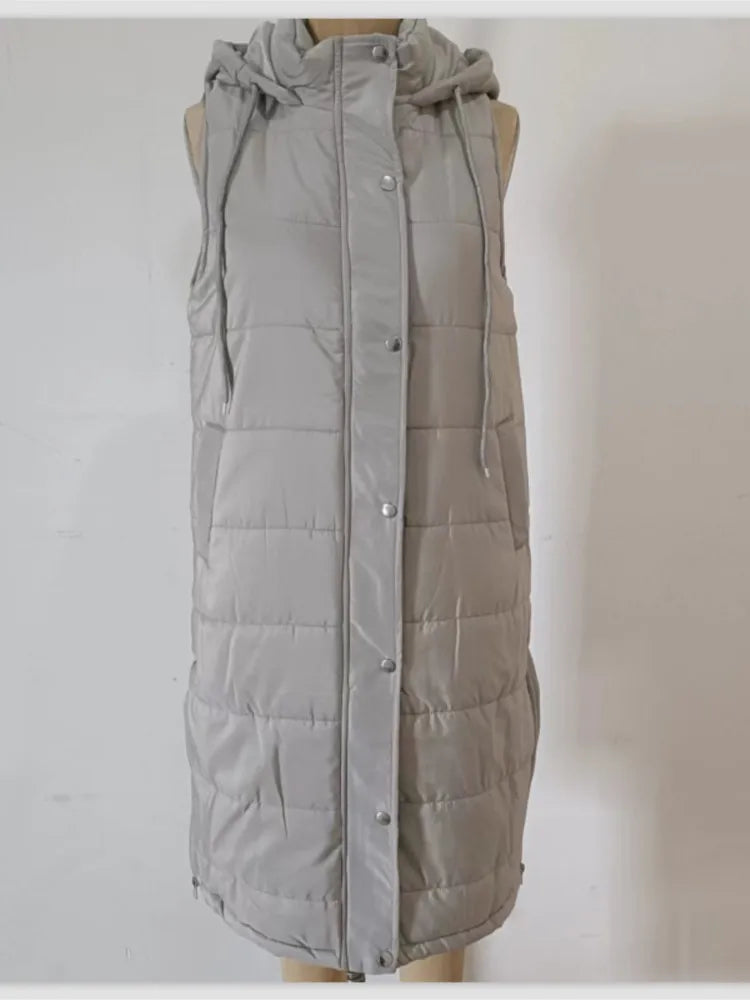 Casual Vest Hooded Single Breasted Mid-length Cotton Padded Jacket Winter Fashion Button Zipper Fitted Cardigan Female Vest Coat