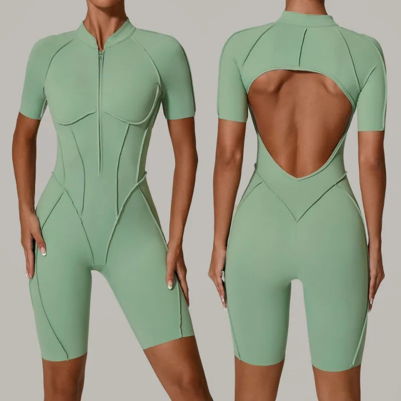 Women's Sports Jumpsuit Yoga Fitness Set with zipper & chest cushion Bare Back High elasticity soft fabric Gym workout bodysuit