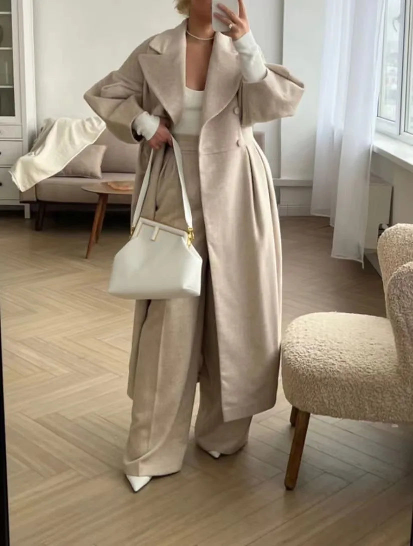 Autumn Lantern Sleeves Women Vintage Court Coat Lapel Double Row Button Office Women's Long Jacket Windbreaker Thick Street Coat