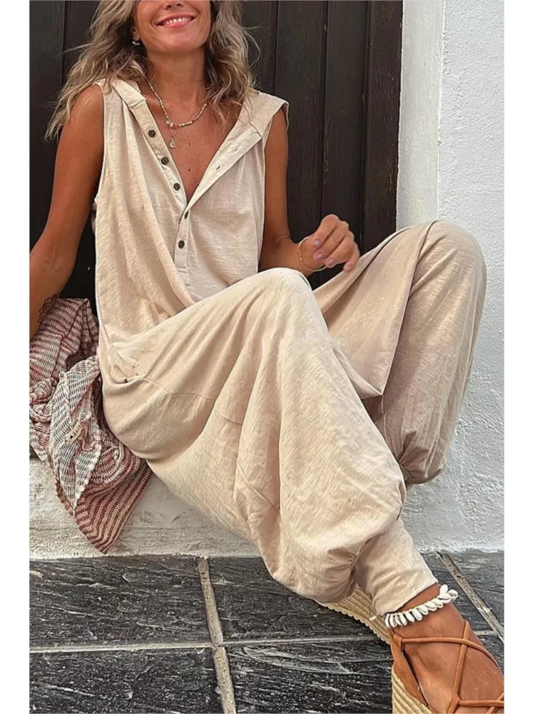 Fashionable Sleeveless Hooded Collar Jumpsuit Women Spring Summer Button Pocket Loose Casual Baggy Pants Jumpsuits Female