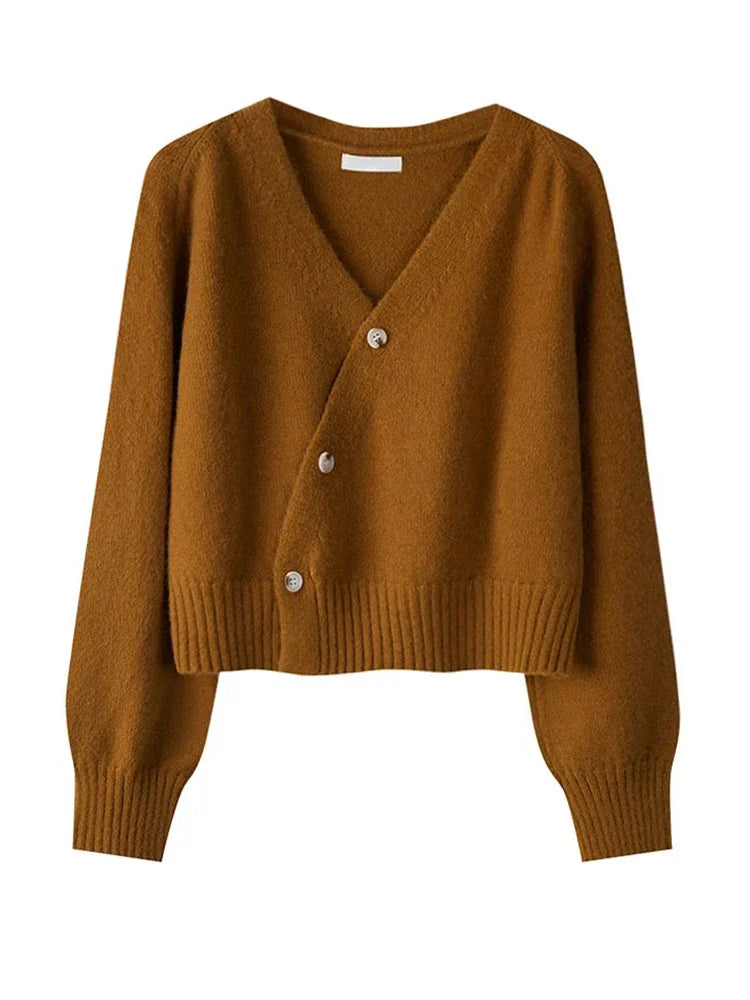 2025 Autumn Winter Skew Button Cardigan V-neck Sweater Women Knitted Long Sleeve Tops Korean Loose Solid Cashmere Woman Sweater