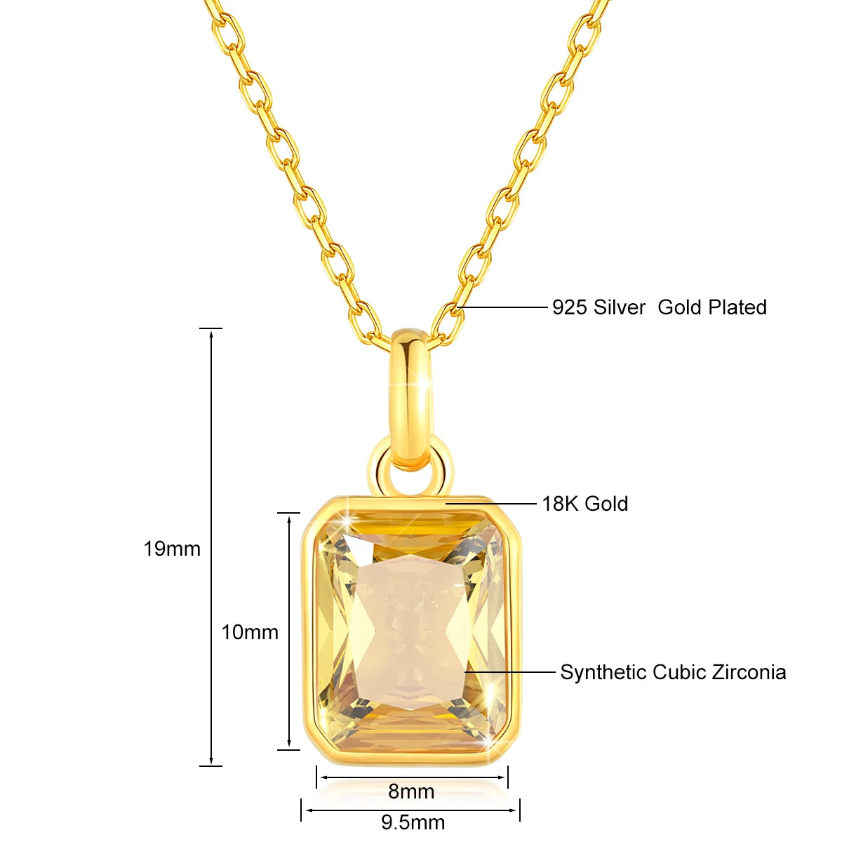 Szjinao 100% Real 18k Gold Necklace For Women 8*10mm Yellow Stone Rectangle With Certificate AU750 K Gold Pendant Wedding Gift