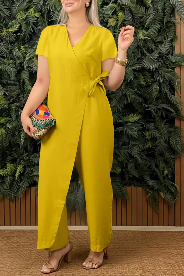 Women's Casual V-neck Cross Strap Jumpsuit Streetwear Loose Romper Elegant Lace Up Sleeveless Hollow Out Solid Office Jumpsuits