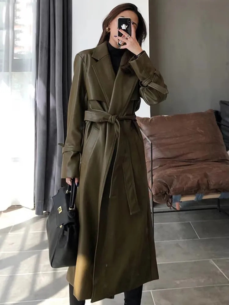Mauroicardi Spring Autumn Long Waterproof Pu Leather Coat Women Sashes Elegant Luxury Chic Korean Fashion Clothes Overcoat 2025