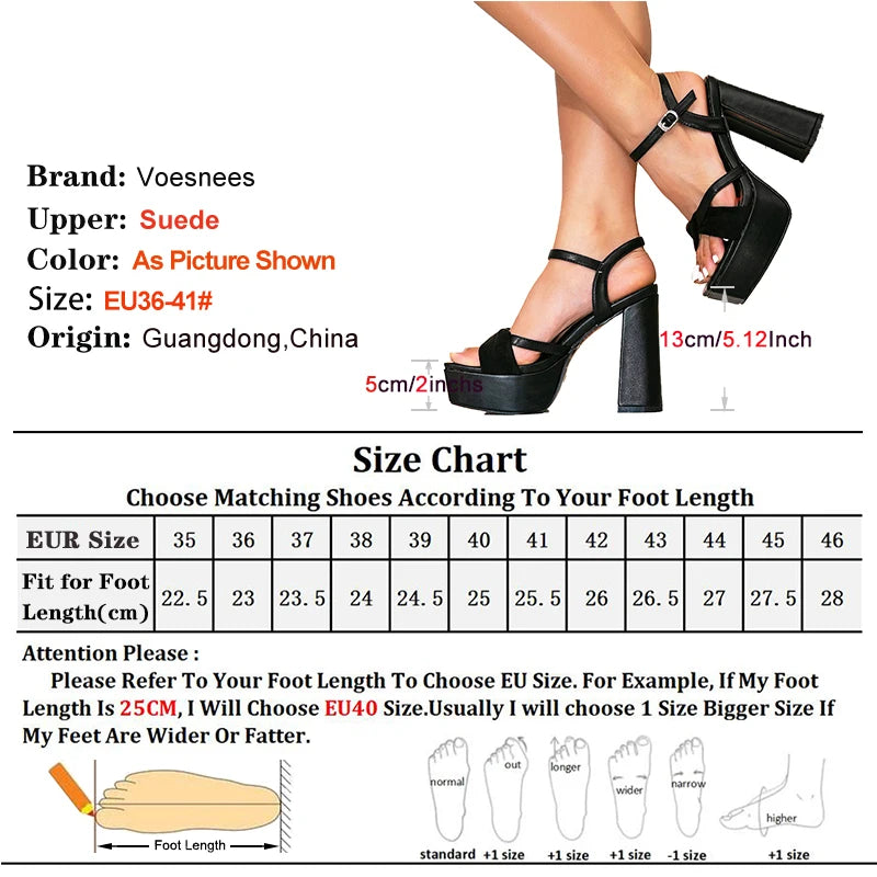 Fashion Square Toe Thick Heeled Platform Sandals For Women 13CM Black Suede Summer Buckle Strap High Heels Runway Model Shoes