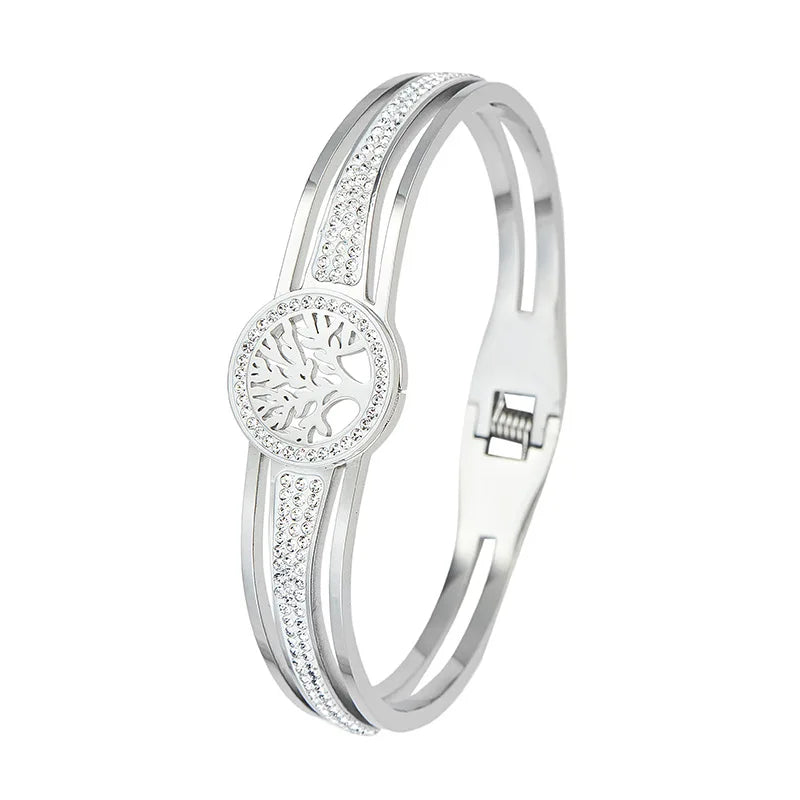 316L Stainless Steel Mud Crystal Micro Embedded Spring Hollow Life Tree Bracelet Women's Bangle