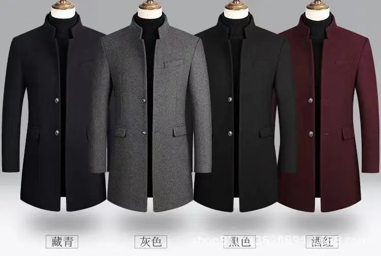 2025 Autumn Winter New Fashion Men's Casual Trendy Solid Color Elegant Stand Collar Single-breasted Wool Coats Male Clothes Tops