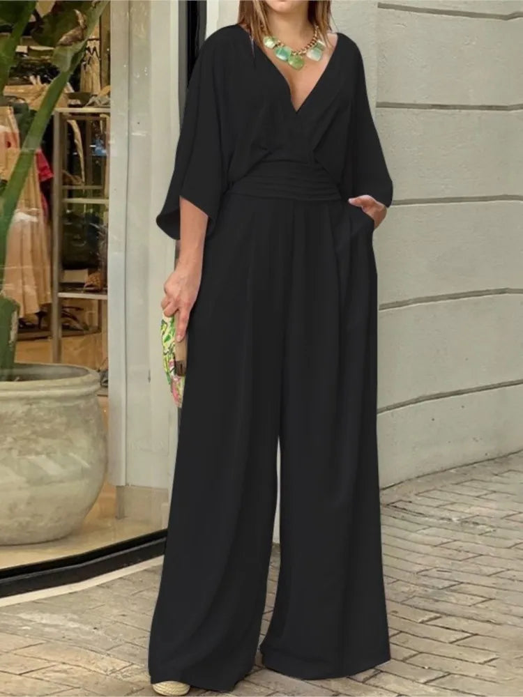 Fashion Solid Jumpsuit Lady V-Neck Pockets High Waist Wide Leg Pants Jumpsuits For Women Elegant Office Jumpsuits Spring Summer