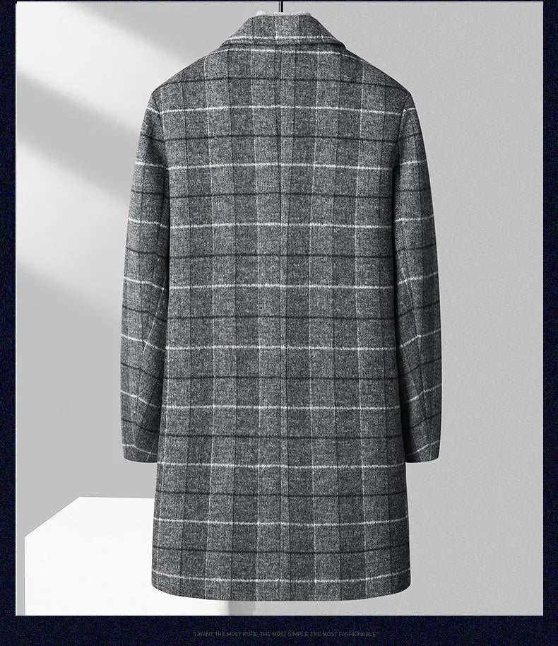New Winter Men Plaid Business Casual Cashmere Trench Coats British Style Overcoats Quality Man Warm Woolen Blends Long Jackets