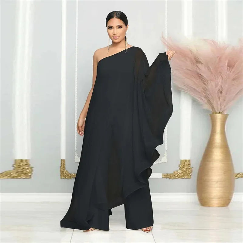 Elegant Chiffon One Shoulder Wide Leg Jumpsuit Women Club Party Birthday Outfits One Pieces Rompers Overalls Combinaison Femme
