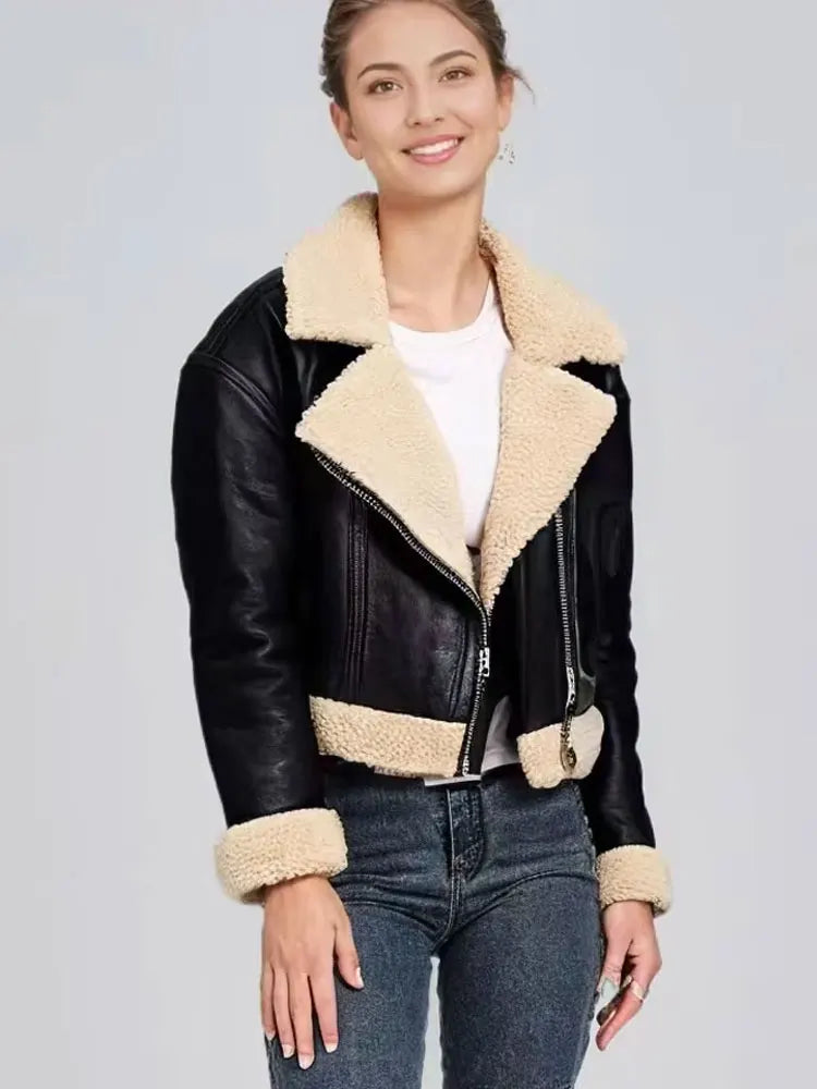 HH Female 2025 Autumn Street Fashion Leather Jacket Causal Lapel Long Sleeves With Pockets Zippers Fly Vintage Coats