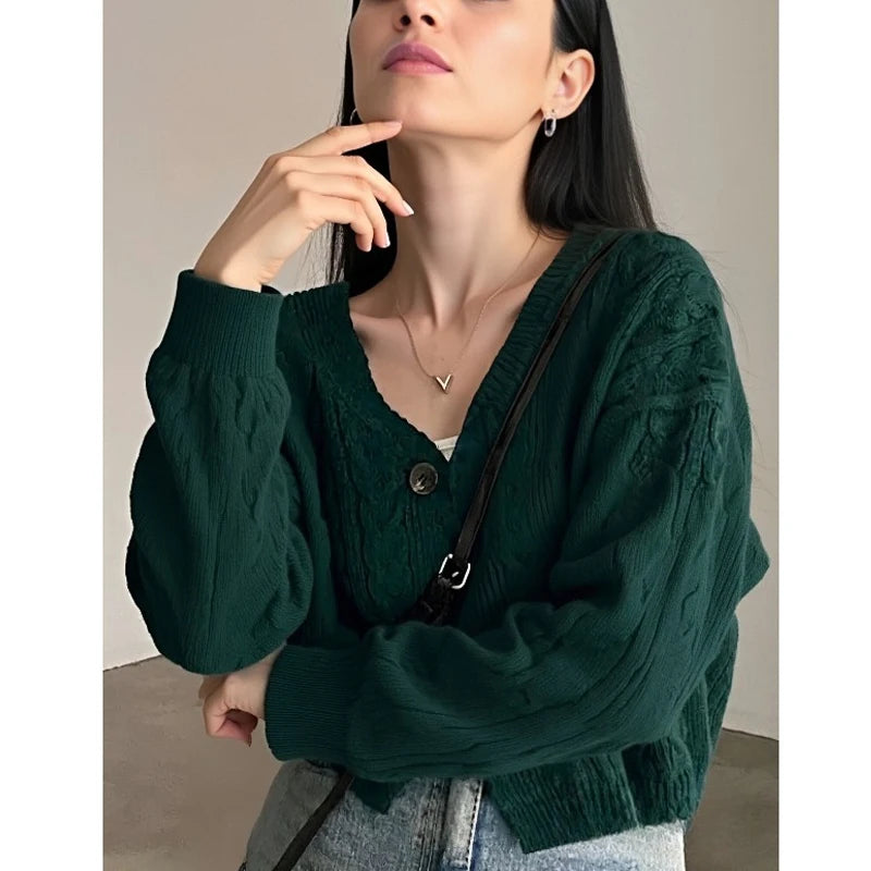 Retro V-neck Twist Design Long-sleeved Short Knitted Cardigan Elegant Solid Sweater Jacket Autumn/Winter New Women's Clothing