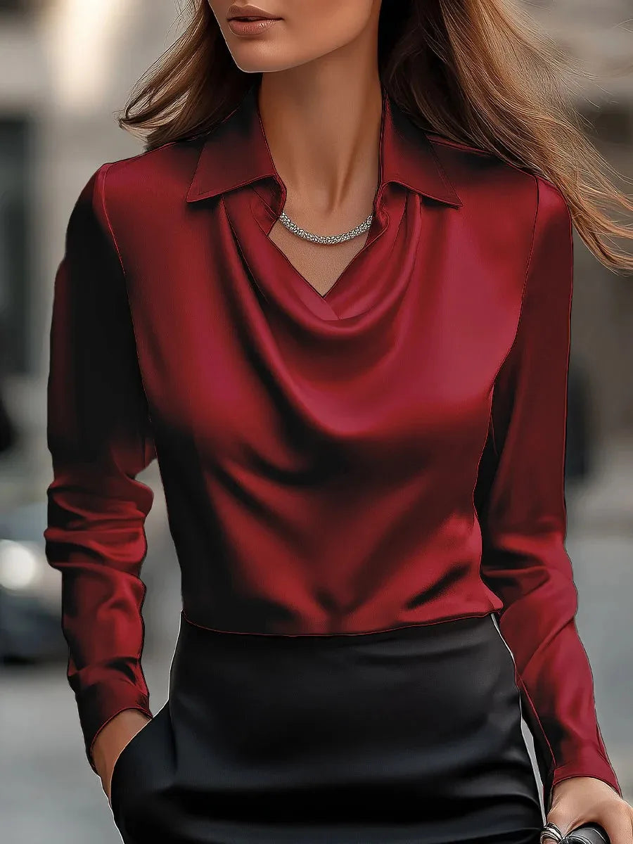 2025 Autumn Elegant Women's Satin Shirt Blouse Print V-neck Swing Neck Long-sleeved Solid Color Loose Shirt Casual Top Office