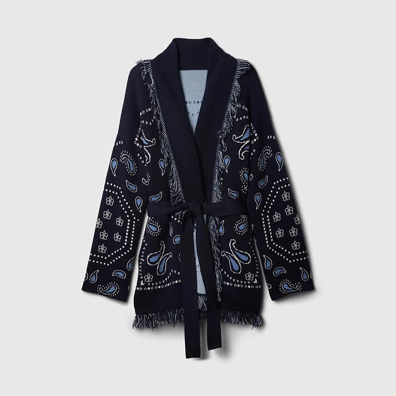 Tassel Patchwork Printed Cardigan Women Geometric Patterns Belts V-neck Long Sleeve Knitted Street Lady Sweater 2025 Autumn Coat
