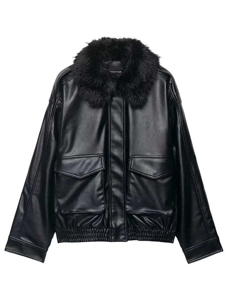 HH Women's Autumn New Fashion Jackets Black Fur-Trimmed Lapel Long Sleeves Pockets Zipper Female High Street Loose Coats