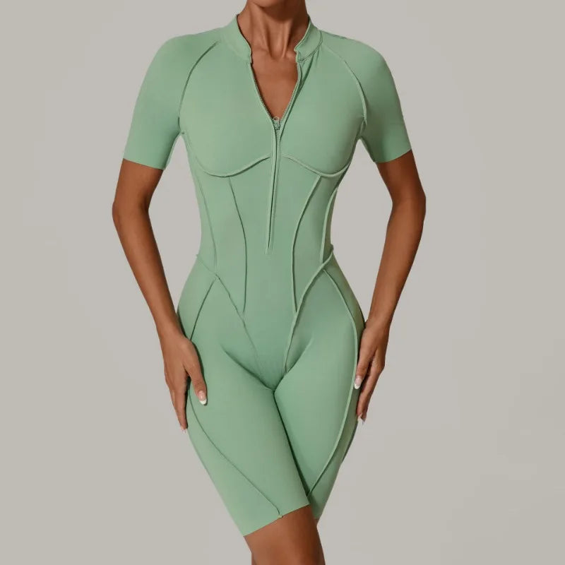Women's Sports Jumpsuit Yoga Fitness Set with zipper & chest cushion Bare Back High elasticity soft fabric Gym workout bodysuit