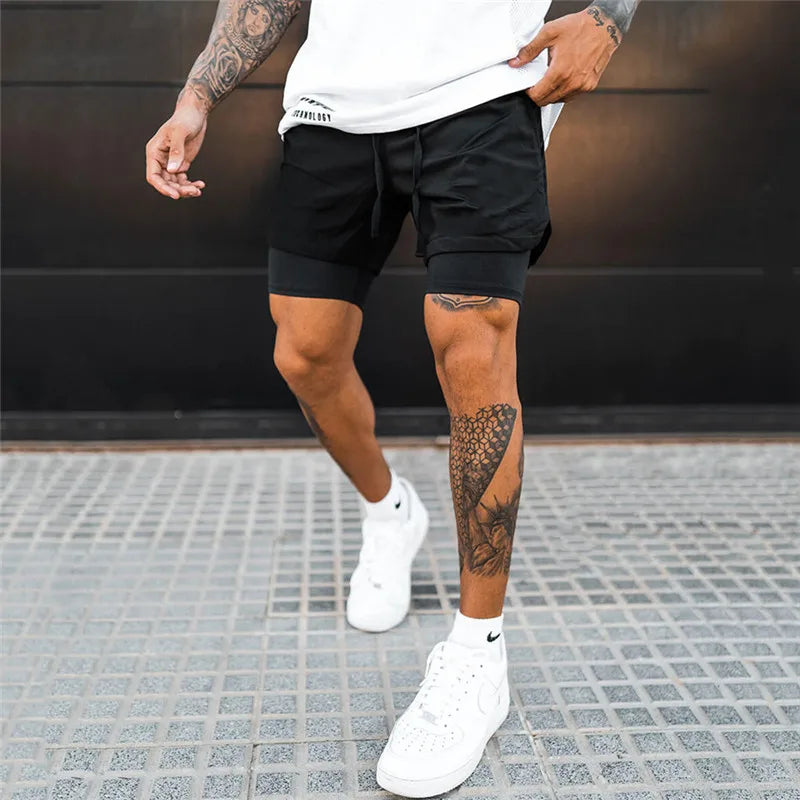 NEW 2 IN 1 Sport Running Casual Breathable Shorts Men Double-deck Jogging Quick Dry GYM Shorts Fitness Workout Men Shorts