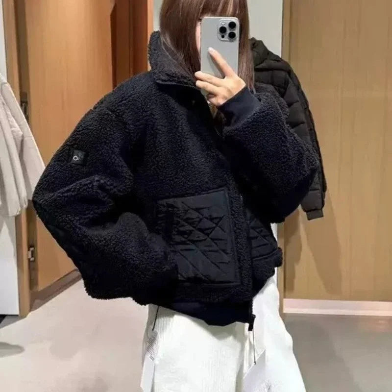 2025 Autumn New Lamb Plush Warm Coat Fashion Stand-up Collar Zipper Winter Jacket Women Outerwear High Waist Thicken Coats