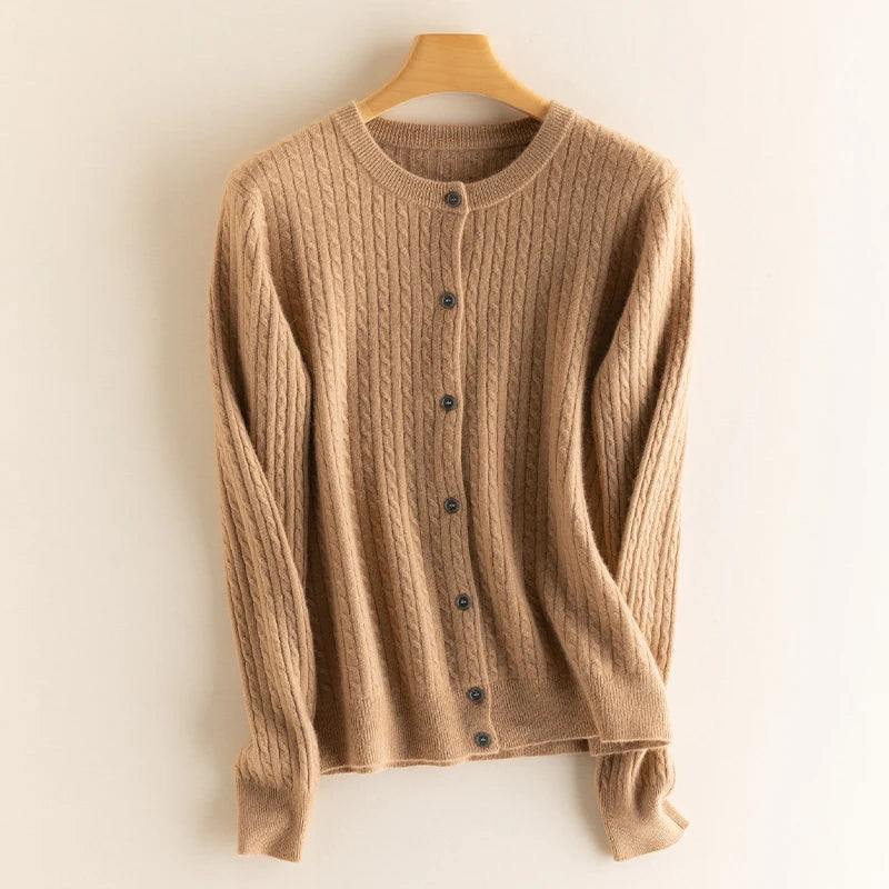2025 Autumn Winter O Neck Cardigan Women Sweater New Casual Versatile Tops Solid Long Sleeve Single Breasted Cable Knit Sweater